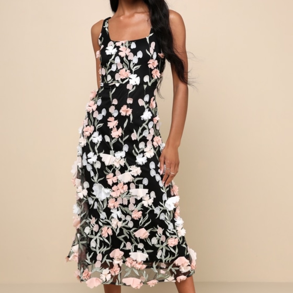 Lulus Elite Cutie Black Mesh 3d Floral Embroidered Midi Dress - Size M